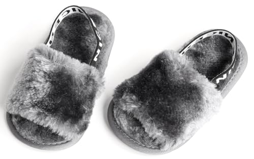 QIETION Girl's Soft Plush Lightweight House Slippers Non Slip Cross Band Slip on Open Toe Cozy Indoor Outdoor Slippers X102 Grey 12CM3