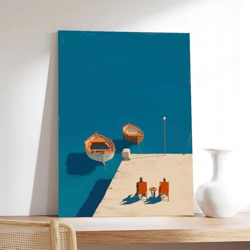 Tableau bleu méditerranéen de bateau toile minimaliste 61x91 cm