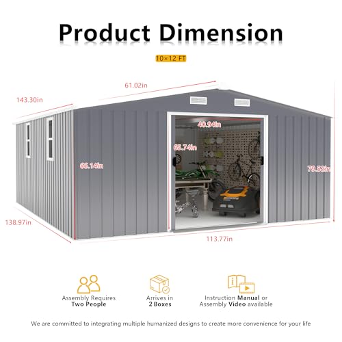 Image of KEIKI 10' x 12' Metal Garden Storage Shed with Foundation Kit, Double Door Outdoor Tool Shed with 2 Windows, Color Steel Construction, Dark Gray