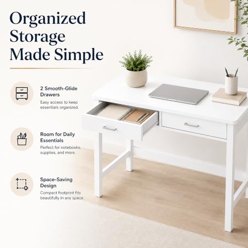 Image of 4NM 39.4 inch Small Desk with Wood Drawers, Home Office Computer Desk with Wooden Legs, Study Writing Table Vanity Desk for Small Spaces - White