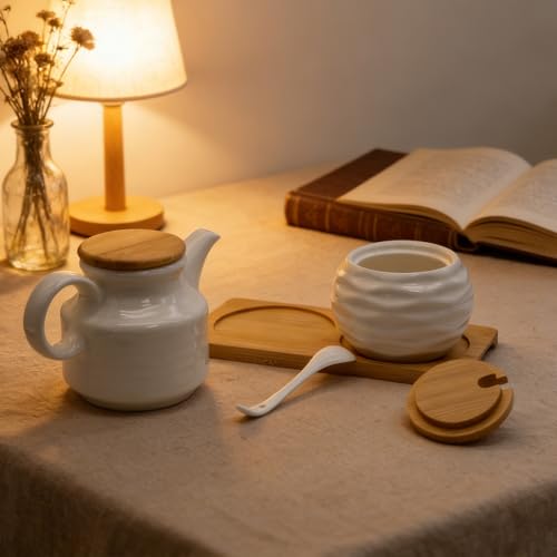 Amestar Ceramic Sugar and Creamer Set, Coffee Bar Accessories Cream Pitcher and Sugar Bowl with Lid, Spoon and Wooden Tray, White Creamer Pitcher for Afternoon Tea, Cream, Coffee Syrup and Condiments