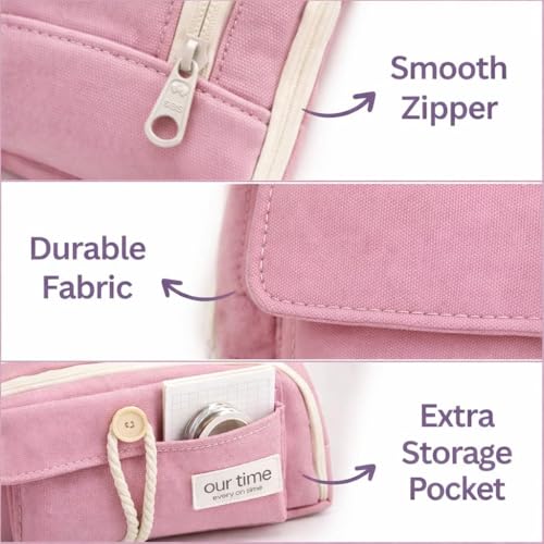 Image of Kawaii Cute Aesthetic Pencil Case for Girls & Boys | 3 Layer 6 Compartment Large Capacity Pencil Pouch with Zipper | Cartoon Stationery Organizer Bag for Students & Kids (Pink)