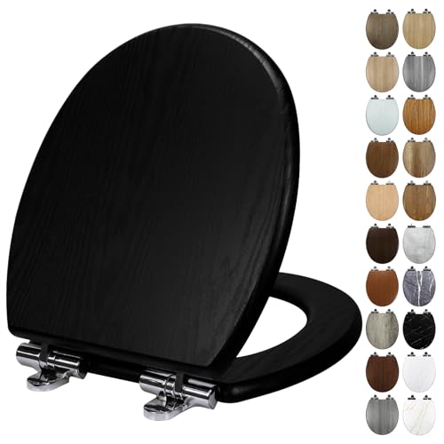 Fanmitrk Black Wooden Toilet Seat Soft Close, 18mm Thickened MDF Wood Toilet Seat with Adjustable Strong Zinc Alloy Hinges, Comfortable, Durable, Easy Cleaning (17-E1889)