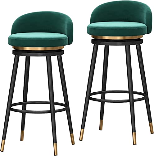 Juego de 2 taburetes de bar giratorios de terciopelo con respaldo bajo, diseño sin brazos, patas de metal dorado, altura de mostrador, sillas de bar para isla de cocina, altura del asiento de 65 cm