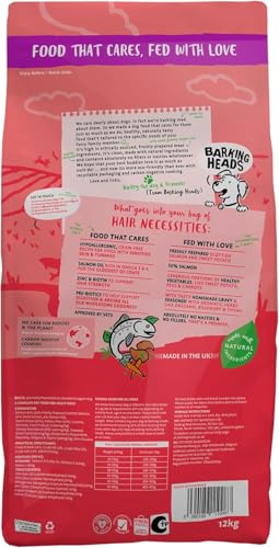 Barking Heads Complete Dry Dog Food 12kg - Adult All Hounder Hair Necessities Salmon - Natural Grain Free Hypoallergenic for Skin & Coat - Vet Approved