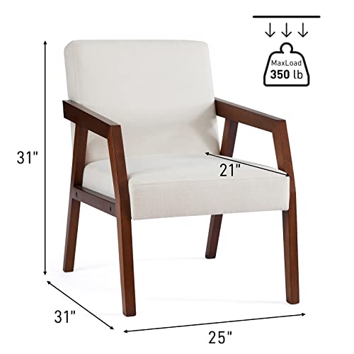Huimo Arm Chair Accent Chair, Wooden Mid-Century Modern Accent Chairs, Elegant Upholstered Lounge Chair For Living Room, Bedroom, Linen Fabric Padded Reading Chair, Side Chair (White) #TOP1