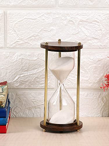 Image of Wooden and Brass Multi Color Sand Timer Hour Glass Sandglass Clock Ideal for Exercise Tea Making Antique Nautical Decor Theme Height 5.5 Inches 5 Minutes (White)