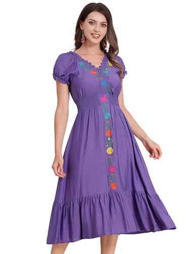Odizli Sommerkleid Damen Leicht und Luftig Sommer Kurzarm V-Ausschnitt Wickelkleid Midi Musselin Kleid Boho Mexikanisches Blume Stickerei A Linie...