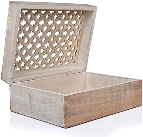 Mela Artisans Decorative Storage Box with Hinged Lid - Whitewash, XL | 10.5” x 7.5” x 4” | Rustic Trellis Design | Mango Wood Crafted | Ideal for Keepsakes, Trinkets, Jewelry and Other Stash