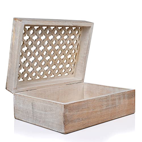Mela Artisans Decorative Storage Box With Hinged Lid - Whitewash, Xl | 10.5” X 7.5” X 4” | Rustic Trellis Design | Mango Wood Crafted | Ideal For Keepsakes, Trinkets, Jewelry And Other Stash #TOP26