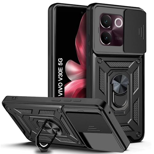Image of AESTMO Polycarbonate Tough Armor Vivo V30E 5G Bumper Back Case Cover|Ring Holder & Sliding Camera Shield Cover|360 Degree Protection Back Case Cover for Vivo V30E 5G (Black)