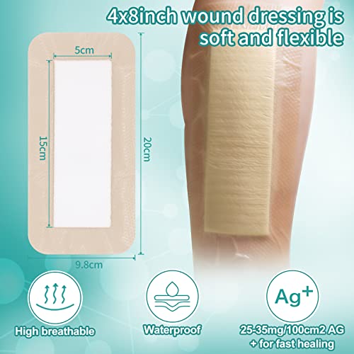 Dimora Silicone Foam Dressing Silver Ag 4\"x 8\" Adhesive Absorbent First Aid Bandage for Wound Care Pads 5 Packs
