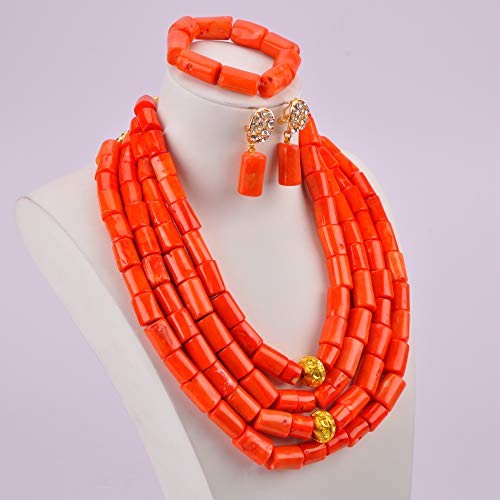 Laanc Nigerian Wedding African Bead Orange Coral 4 Rows Necklace Bracelet Earrings Bride Jewelry Set #TOP6