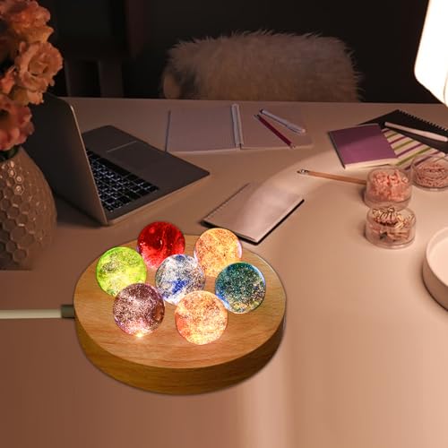 Image of JOJOCY 7 Handcrafted Glass Ball Night Light, 7-Color Energy Crystal Balls with Beechwood Lamp Base, Home Office Desktop Decoration for Meditation & Gifts