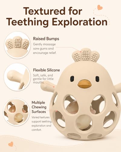Image of Tinabless 2-in-1 Baby Teether Rattle Toy, Easy Grip Silicone Teething Toy for Babies 3-12 Months, BPA-Free Sensory Chew Toy for Sore Gums, Infant Shower Gift (Beige w /Rattle)