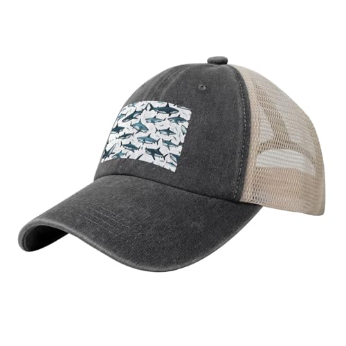 WOmeng Gorra de béisbol con estampado de tiburón con varios gestos, malla vaquera, ajustable, transpirable, para uso diario, al aire libre, camping, viajes, Negro, Talla única