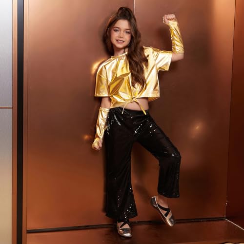 Image of Perfashion Girls Metallic Shirts Shiny Tie Front Knot Crop Top with Arm Sleeves for Dancing Raves Festivals 4-15 Years