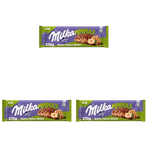 Milka MMMAX Nutty Choco Wafer Tableta Grande de Chocolate con Leche de los Alpes con Barquillo, Relleno de Crema de Avellana y Trozos de Avellana 270g (Paquete de 3)