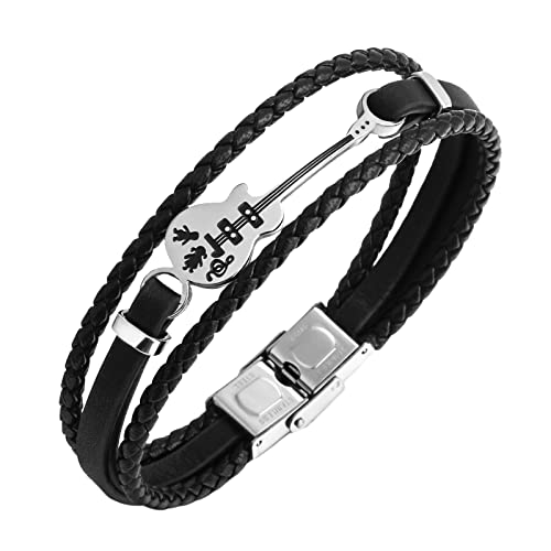 Mens Leather Bracelet Braided Wristband Cuff Music Treble Rope Valentines Punk Gift for Him Necklace for Women Wedding (Black, One Size)