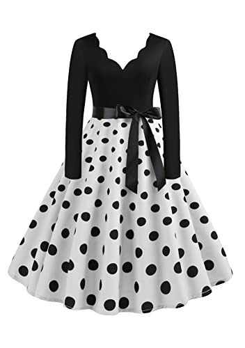 Yming Damen Audrey Hepburn Festival Swingkleider Festliche Langarm Rockabilly Kleider Weiß L