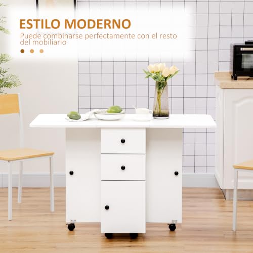 Miniatura 4 de Homcom Mesa Plegable De Comedor, Mesa De Cocina Plegable, Con Ruedas, Alas Abatibles, 2 Cajones, Estante Y Armario, Hasta 6 Personas, Para Salón, Espacio Pequeño, 120x60x76,5 Cm, Blanco