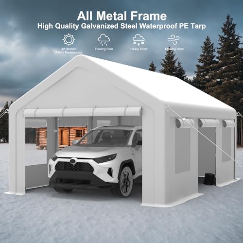 10x20ft Carport Heavy Duty, Portable Garage with 4 Doors + 4 Window, Upgraded Carport with Reinforced Steel Poles, Uv Resistant Waterproof Tarp, Portable Carport for Car, Truck, Boat
