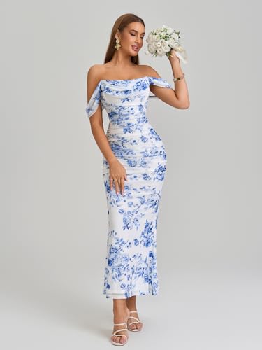 Image of KUTUMAI Off The Shoulder Maxi Long Dress Corset Ruched Bodycon Cocktail Formal Wedding Guest Dresses for Women