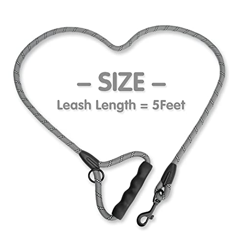PHOEPET 5 Feet Dog Leash Reflective Heavy Duty Padded Rubber Handle 360° No Tangles for Small Medium and Large Dogs(Grey)