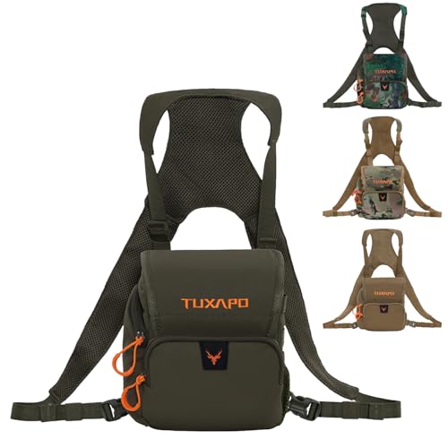 Tuxapo Binocular Harness Chest Pack Bino case Fits binoculars, rangefinder, phone for hunting, birdwatching hiking (Ranger Green)