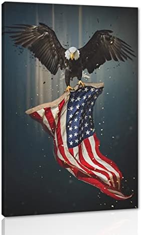 American Flag Canvas Art, USA Flag Wall Decor Retro US Flag and Bald Eagle Picture Print USA Patriotic Poster Modern Artwork for Living Room Bedroom Office Decor Framed Ready to Hang (24" W x 36" H)