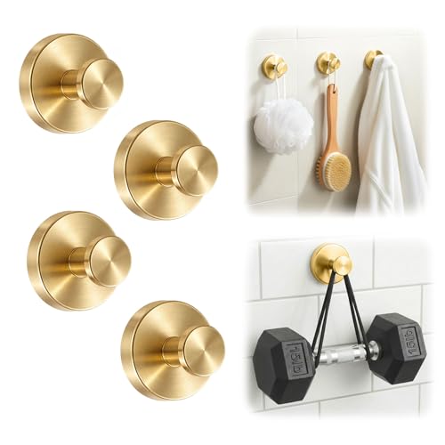 Upgraded Suction Cup Hooks for Shower Heavy Duty Removable Towel Hooks for Bathroom Glass Door Wall Stainless Steel Shower Hooks for Towel & Loofah (4 Pack Gold)
