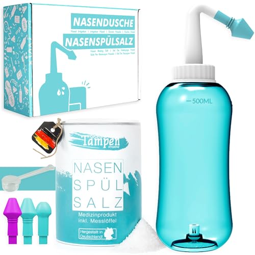 Tampen Nasendusche Erwachsene & Kinder – inkl. 120x Premium Nasenspülsalz (300g), Messlöffel & 3 Aufsätze – Nasenspülkanne - Nasenspülung mit Nasensalz für schonende Nasenreinigung - Nasal Rinse Tampen Nasendusche Erwachsene & Kinder – inkl. 120x Premium Nasenspülsalz (300g), Messlöffel & 3 Aufsätze – Nasenspülkanne - Nasenspülung mit Nasensalz für schonende Nasenreinigung - Nasal Rinse