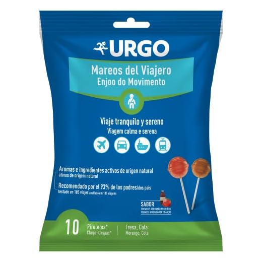 Urgo - Mareos Del Viajero - Bienestar Durante Los Viajes Para Un Viaje Tranquilo Y Sereno - 10 Piruletas (Fresa Y Cola)