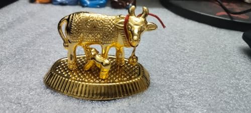 Image of Kamdhenu Cow and Calf Idol for Home Decor | Gold Finish Gau MATA Murti | Vastu Showpiece for Home Temple Pooja Room Office Desk | Spiritual Religious Gift | Housewarming Diwali Decor