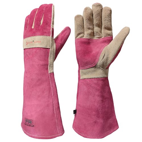AOUCHI Cowhide BBQ Welding Gloves for Women, Long Sleeve Fireproof and Heat Resistant Mitts for Barbecue, Firefighting, Fireplace, Oven (rose red, Small)