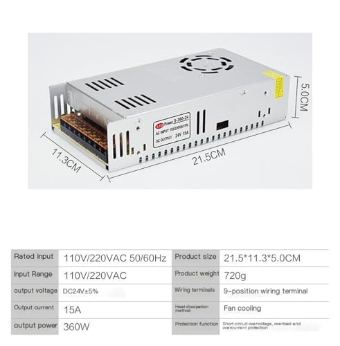 Alimentation à découpage 24 V 15 A avec boîtier ventilé et support de fixation robuste