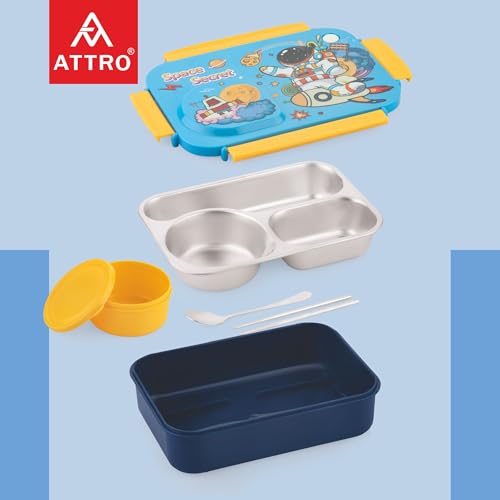 Image of ATTRO School Bite Stainless Steel Lunch Box - 3 Compartment Bento Tiffin, Leak-Proof & Durable, Ideal for Kids, School, Picnic- 750ml+150ml, Blue- Space Theme