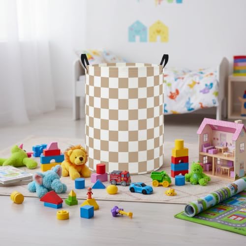 Image of Baby Laundry Hamper Basket Baby Hamper for Nursery Boy and Girl Cute Storage Bin Organizer Boho Room Decor(Brown Checkered)