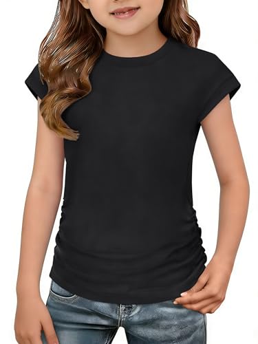 ZDC Girls Ruched Tops 2026 Kids Trendy Cap Sleeve Tshirts Crew Neck Shirts Black