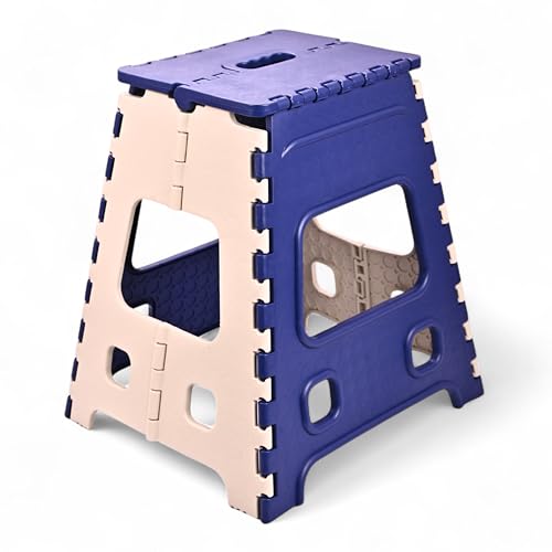 Image of AMEEBA 18 Inch Super Strong Folding Step Stool to Support Adults and Safe Enough for Kids. Opens Easy with One Flip, Great for Kitchen, Bathroom, Bedroom, Kids or Adults (Blue)