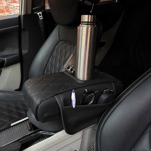 Image of Carigiri Nappa Leatherette,Foam ComfiRest Pro Car Armrest Cushion with Cup Holder| Arm Cushion| Universal for All Cars|Armrest with Mobile Holder (Black,Utility Pockets,Dual Cup Holder,Mobile Holder)
