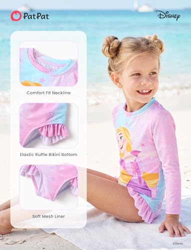 Image of Disney Frozen Elsa Stitch Marvel Toddler Girl Two Piece Long Sleeve UPF50+ Swimsuit Rashguard Sets Bathing Suit