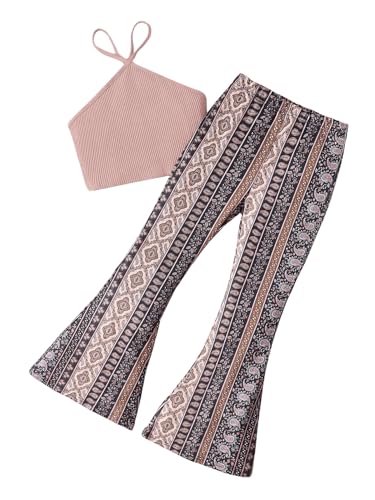 Image of Floerns Girl's 2 Piece Outfit Halter Crop Top and Paisley Bell Bottom Pants Set