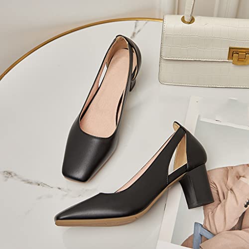 MIOKE Women's Round Toe Chunky Mid Heel Pumps Leather Slip-On Bowtie Comfort Casual Work Office Dress Shoes3