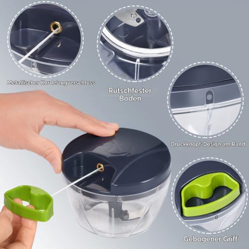 Foto von Zwiebelschneider Manuell 500ML Zwiebel Zerkleinerer mit Seilzug leicht zu ziehen Multizerkleinerer Zwiebelhacker Gemüseschneider Mixer zum Multischneider von Knoblauch/Nüsse/Obst (Tiefblau)
