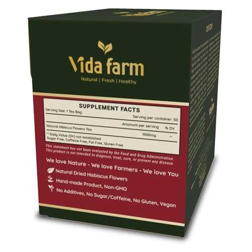 VIDA FARM 50 Hibiscus Tea Bags, Natural Dried Hibiscus Flowers Tea Bags, Roselle Hibiscus Sorrel Tea Jamaica Roselle Tea, No Sugar, No Caffeine, No Gluten