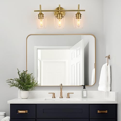 Image of foucasal 3-Light Brushed Gold Bathroom Vanity Light, Modern Gold Vanity Light for Bathroom with Clear Shades, Vanity Lighting Fixtures Over Mirror for Bedroom Hallway Living Room