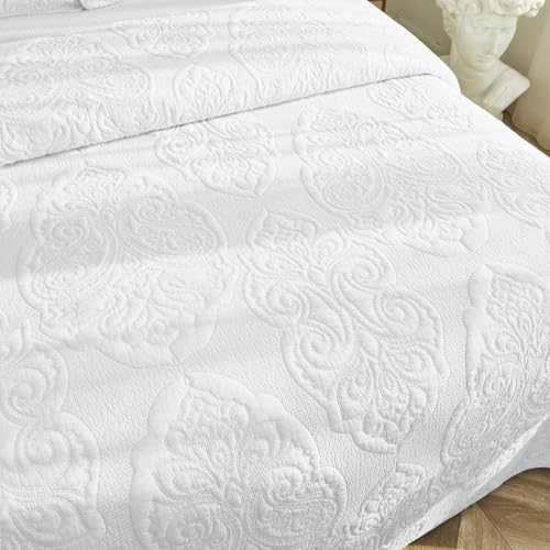 Brandream King Size Quilt Set Cotton White Quilts Vintage Quilted Comforter Set Queen Bedspreads Paisley Matelasse Coverlet Set 3-Piece