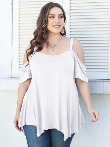 Image of LARACE Cold Shoulder Tops for Womens Summer Clothes Spaghetti Strape Tunic Oversized Shirts Asymmetrical Plus Size Blouse