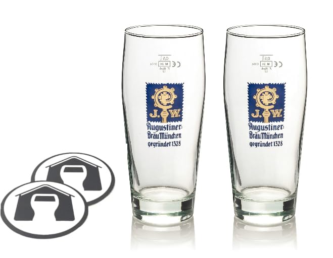 GarageBar | Augustiner Beer Glasses | Pint Beer Glass | Official Merchandise | German Beer Glasses for Oktoberfest | Comes with 2X Beer Drip Mats | 2 Glasses